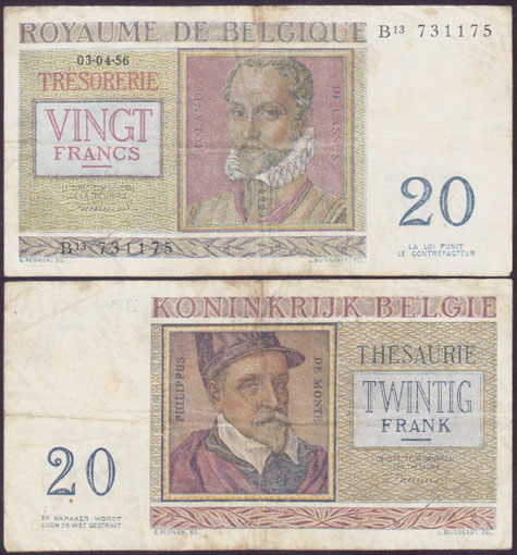 1956 Belgium 20 Francs L001665
